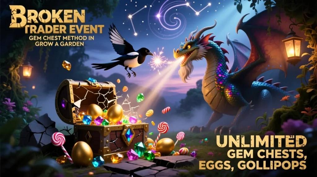 "BROKEN Trader Event Gem Chest Method in Grow a Garden – Unlimited Gem Chests, Eggs, Lollipops with Magpie & Bearded Dragon Combos​​" create an image for this title in 16:9 ratio, strictly with image related to the title and in cinematic settings for my website's article thumbnail