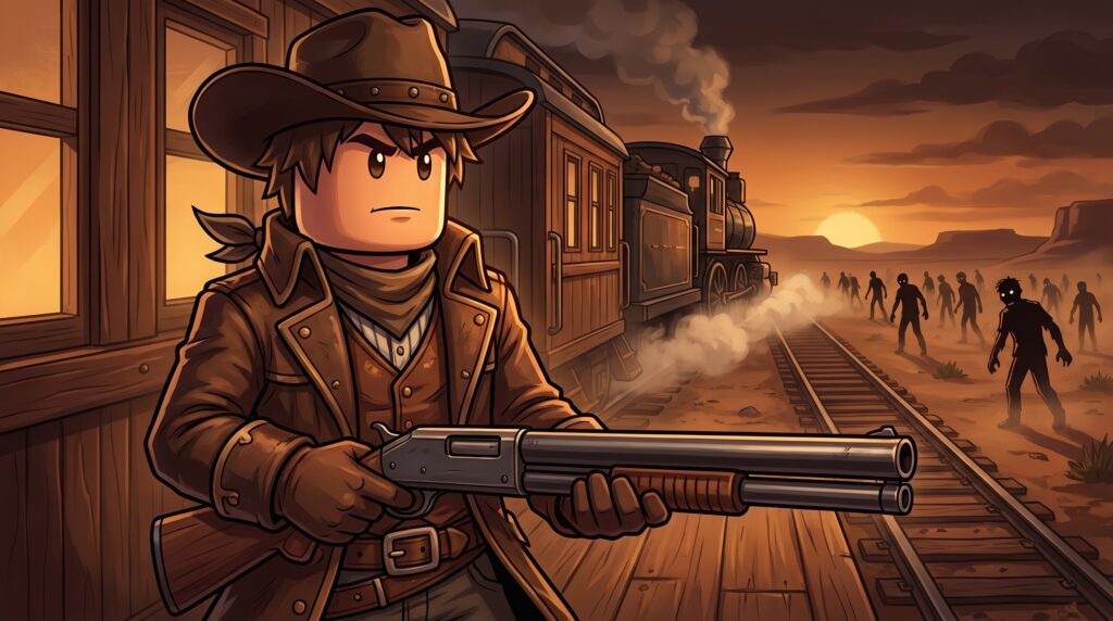 Dead Rails beginner guide cover art - a lone Roblox survivor defending a steam train from a zombie horde in the 1899 desert at dusk