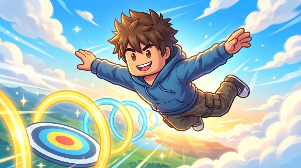 Adopt Me Summerfest 2026 cover art - a Roblox avatar skydiving through glowing rings toward a bullseye target in a bright summer sky