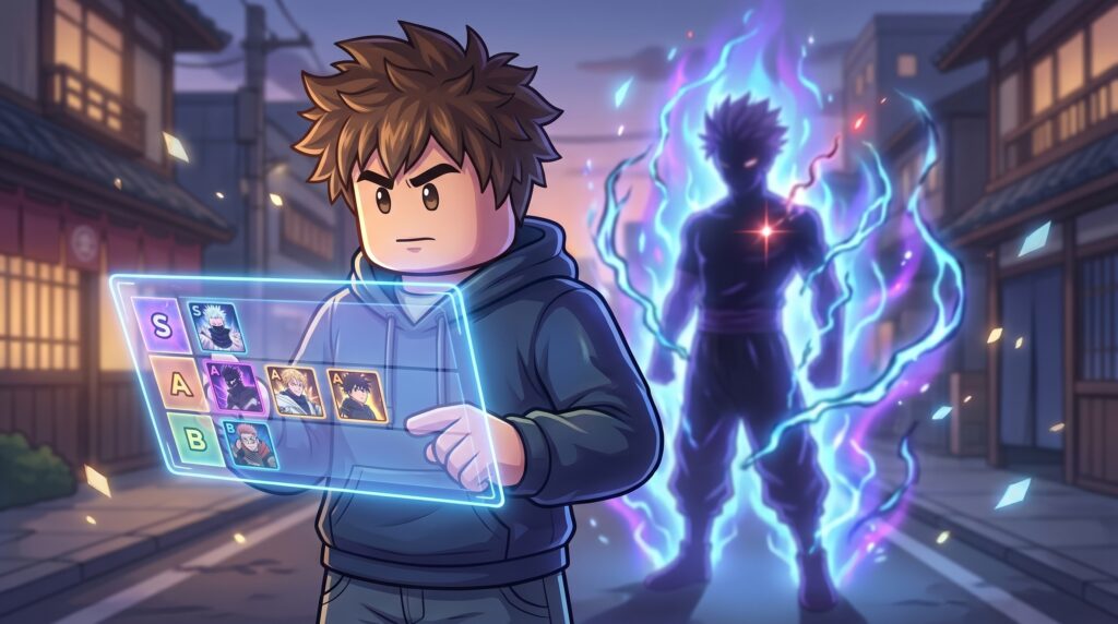 Jujutsu Shenanigans tier list cover art - a Roblox fighter mid-combo unleashing a cursed technique