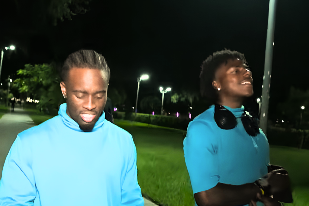 Streamers IShowSpeed and Kai Cenat standing outside together during the middle of their live Minecraft Hardcore marathon on August 10, 2026.