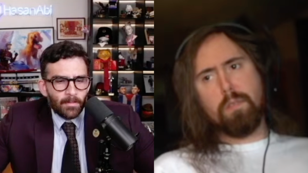 Twitch streamers Hasan Piker and Asmongold (Image via YouTube/@HasanAbi and @AsmonTV)