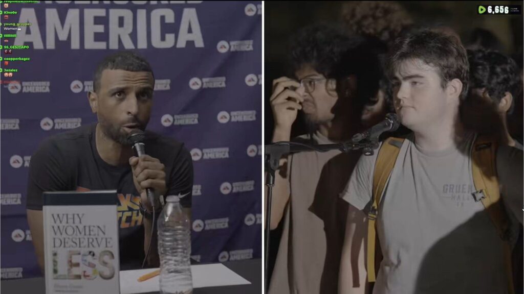 The controversial influencer was using derogatory language during his debate (Image via Kick/MyronGainesX)