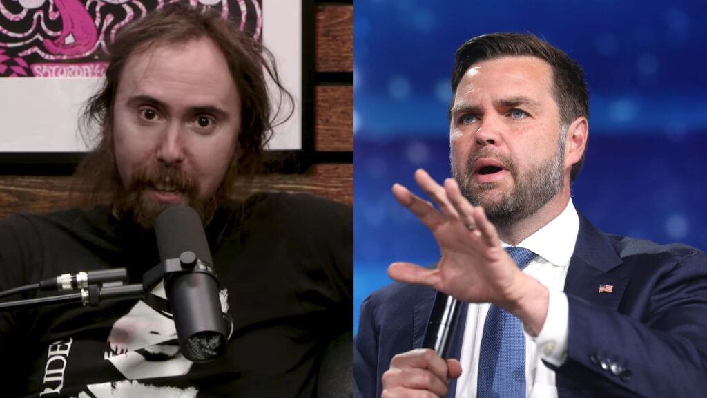Asmongold reacts to JD Vance's remarks (Images via YouTube/@AsmonTV and Wikimedia Commons/Gage Skidmore)