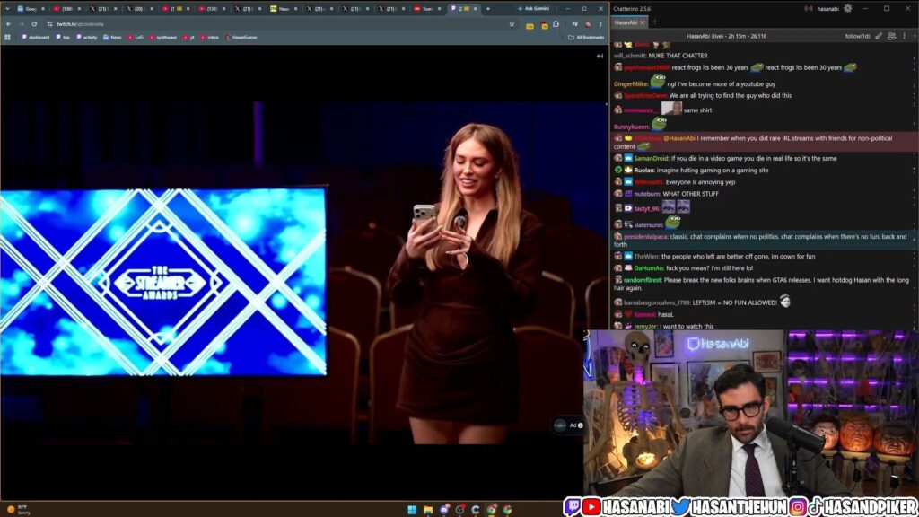 Hasan Piker watching QTCinderella announcing nominees for The Streamer Awards (Image via Twitch/HasanAbi)